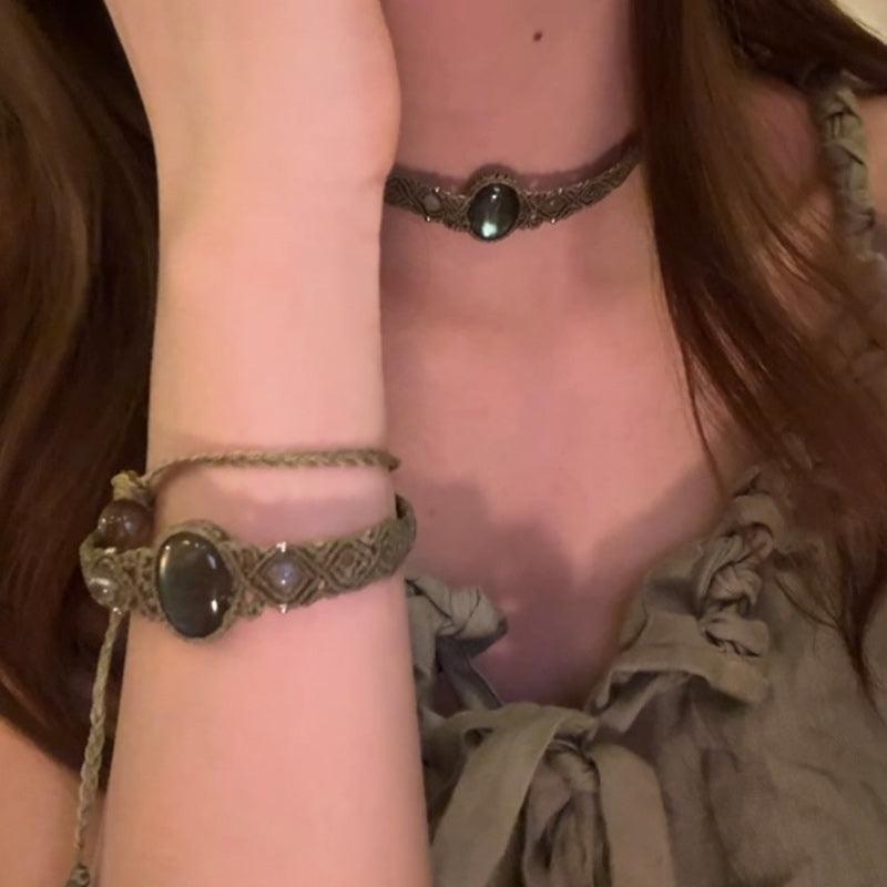 Macrame natural stone necklace and bracelet two-in-one Ethnic style - Belle Jewelry