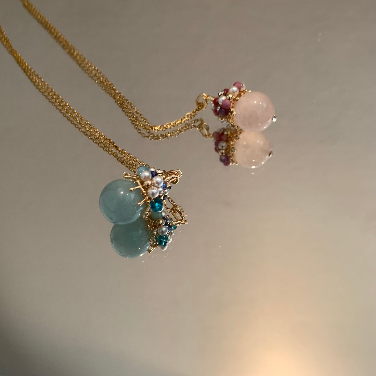 Aquamarine and pink quartz necklace - Belle Jewelry