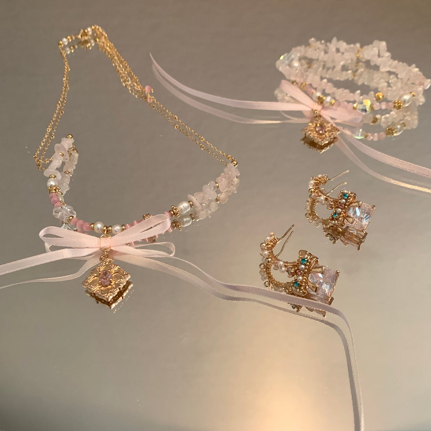 Alloy imitation pearl necklace bracelet earrings three-piece set - Belle Jewelry