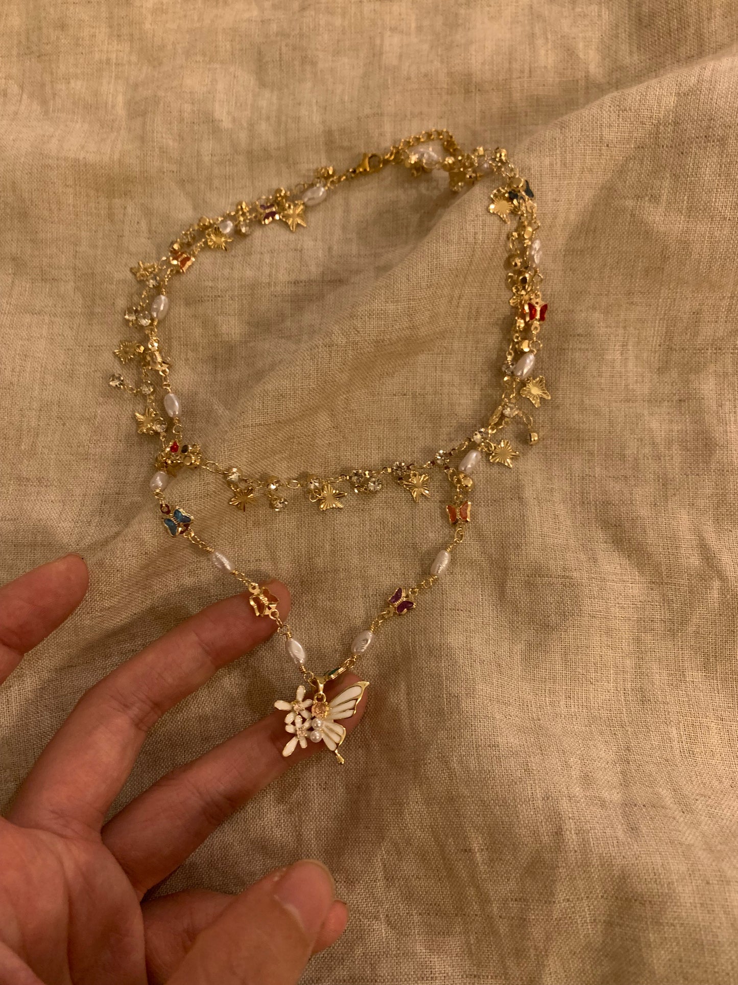 Two stacked butterfly necklaces half butterfly half flower - Belle Jewelry