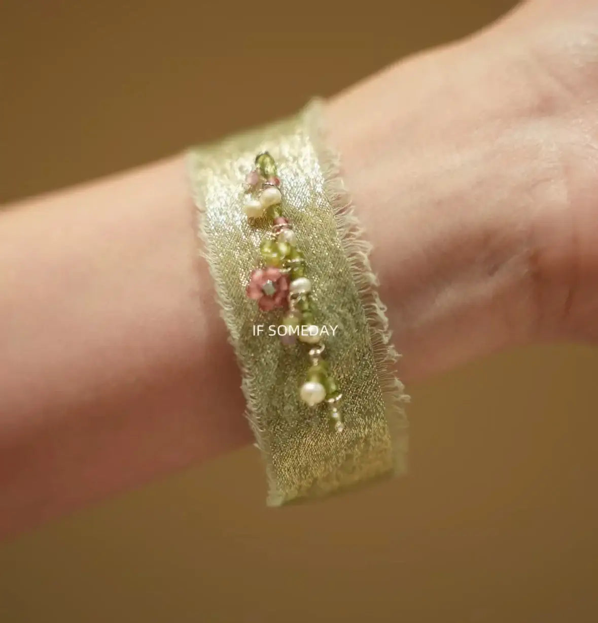 Delicate floral beaded bracelet with pearls on sheer ribbon, handcrafted minimalist jewelry