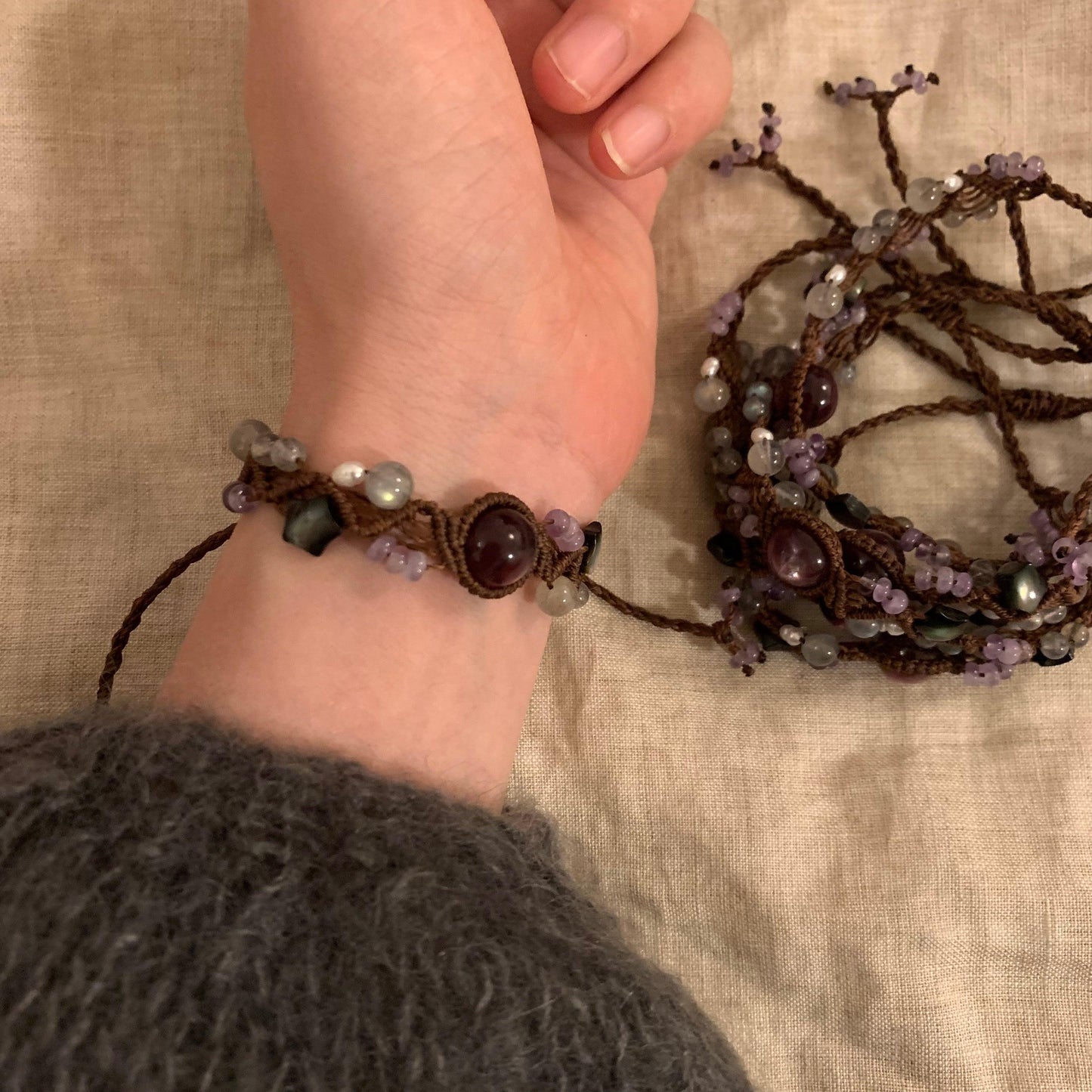 Macrame bracelet Made of natural stone handmade unique jewelry original design - Belle Jewelry