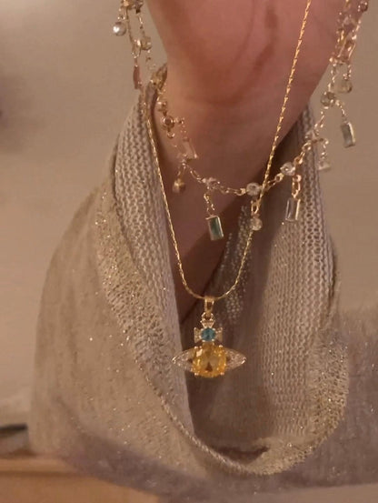 Vintage 3D plante necklace gold color zircon and alloy Two stacked pieces - Belle Jewelry 