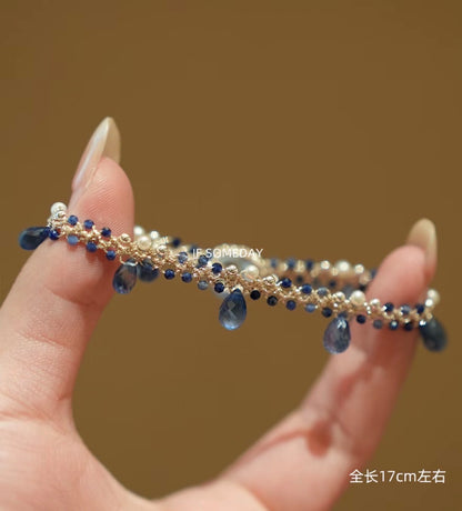 Handmade natural lapis lazuli freshwater pearl bracelet with sterling silver clasp