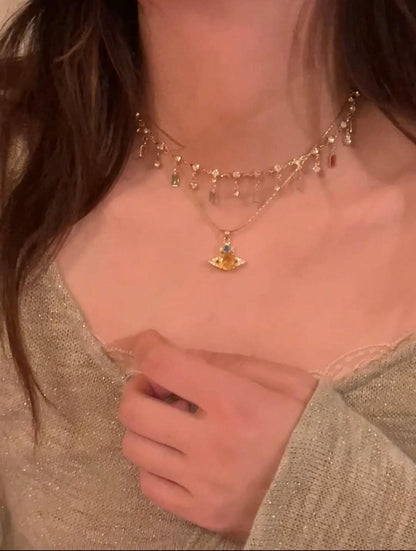 Vintage 3D plante necklace gold color zircon and alloy Two stacked pieces - Belle Jewelry 