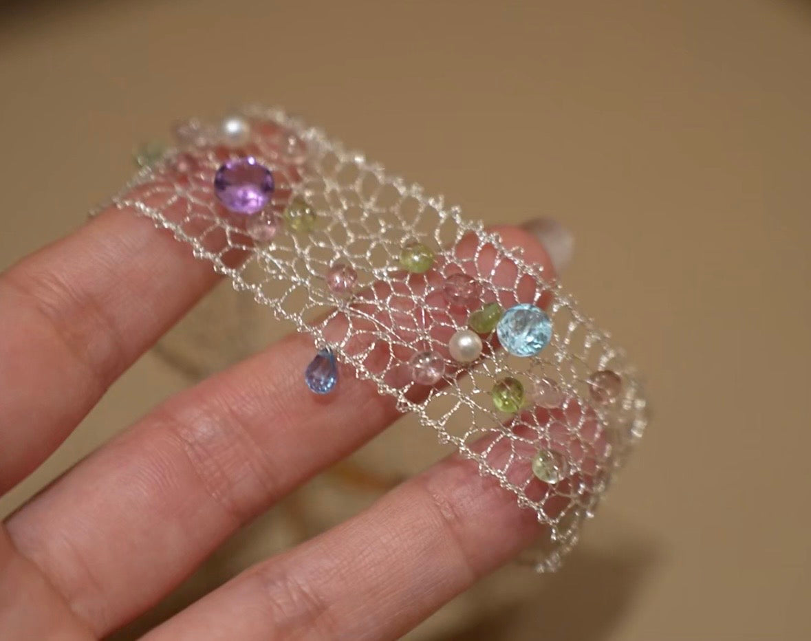 Fairy Garden Gem Bracelet – Handwoven Lace with Tourmaline, Topaz & Natural Crystals