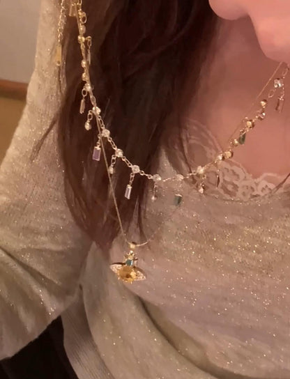 Vintage 3D plante necklace gold color zircon and alloy Two stacked pieces - Belle Jewelry 