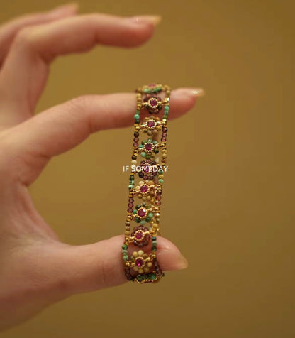 Natural stone titanium steel handmade bracelet with flower pattern ｜Belle Jewelry