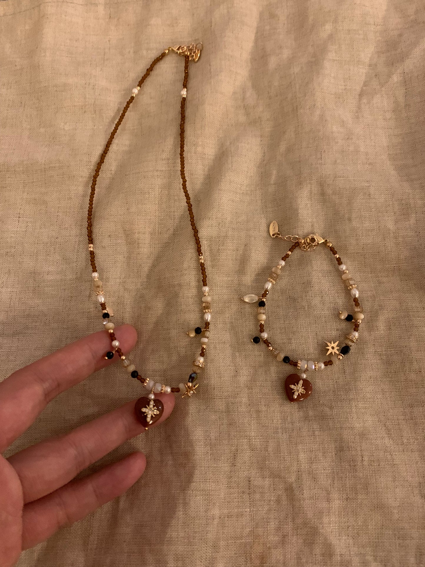 260201-Original Natural Stone Beaded Necklace and Bracelet Set Herat shape sparkling zircon