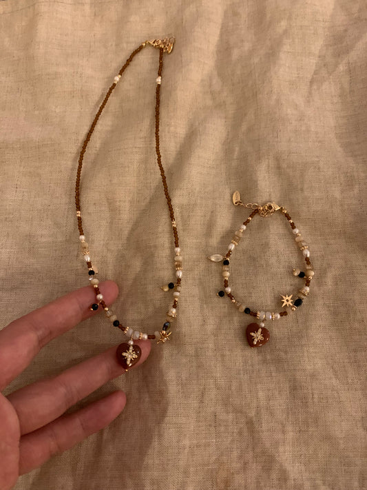 260201-Original Natural Stone Beaded Necklace and Bracelet Set Herat shape sparkling zircon