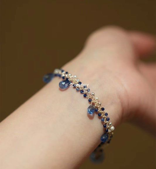 Handmade natural lapis lazuli freshwater pearl bracelet with sterling silver clasp