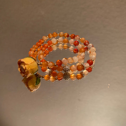 Natural stone long bracelet can be stacked with real yellow rose pendant