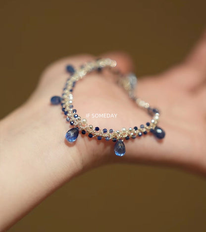 Handmade natural lapis lazuli freshwater pearl bracelet with sterling silver clasp