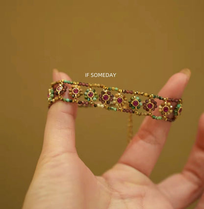 Natural stone titanium steel handmade bracelet with flower pattern ｜Belle Jewelry