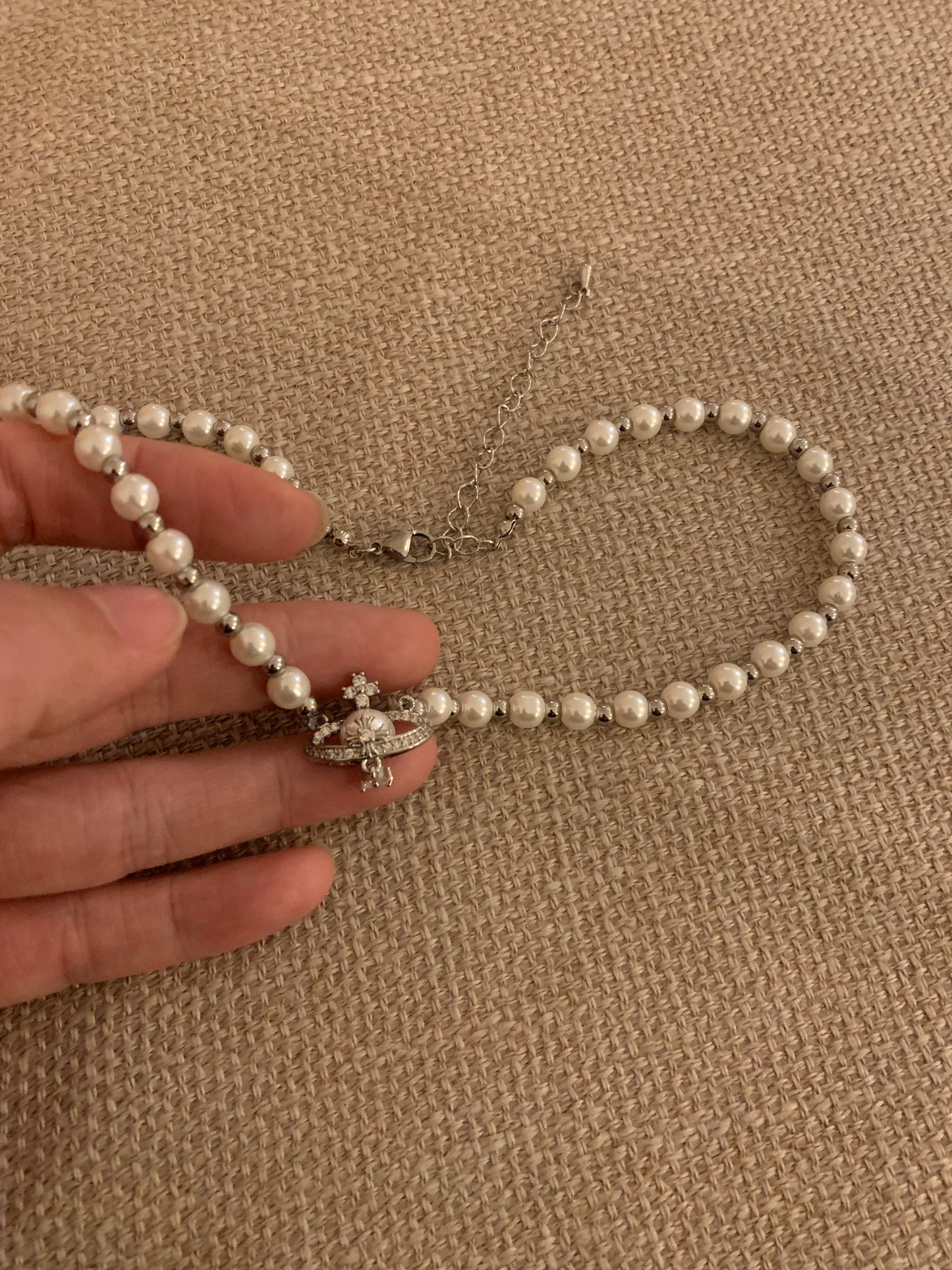 100029-High-quality imitation pearl planet necklace with cross pendant, plated with real gold and with high color retention