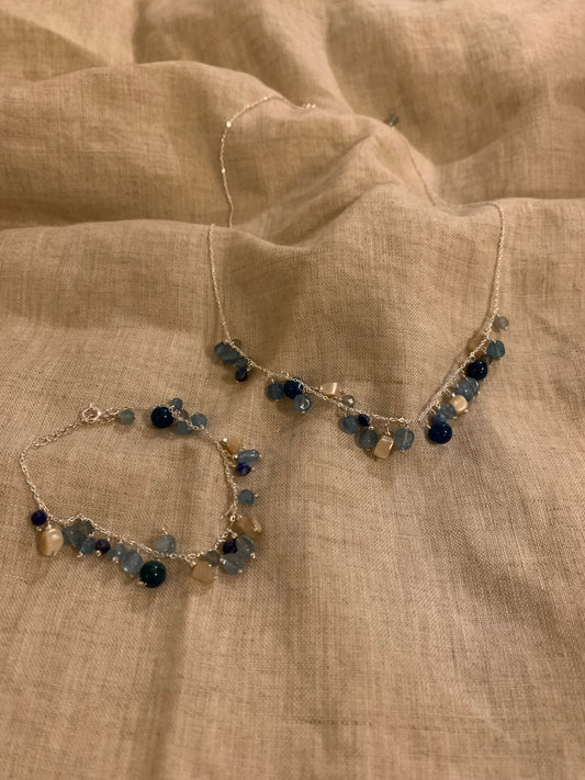 Natural gemstone aquamarine multi-gemstonehandmade bracelet and necklace｜ Belle Jewelry