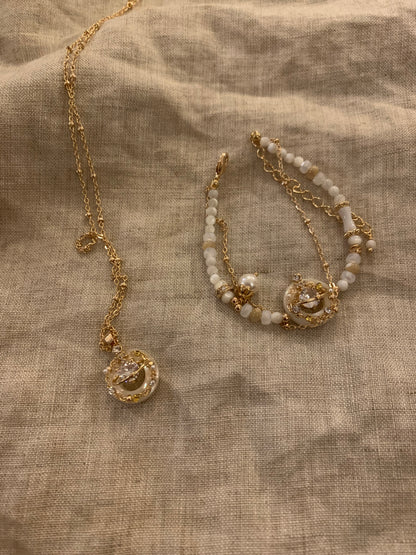 Alloy shell gold plated copper zircon necklace sweet style handmade complex process【玉盘】 - Belle Jewelry 