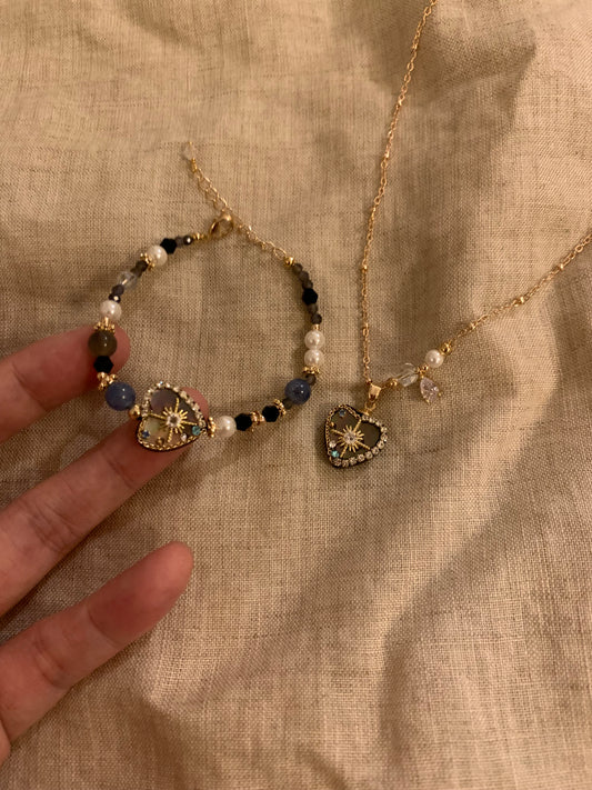 260210-Stainless steel natural shell zircon necklace and bracelet set natural stone