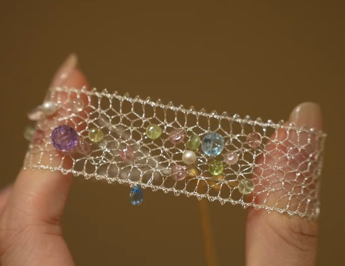 Fairy Garden Gem Bracelet – Handwoven Lace with Tourmaline, Topaz & Natural Crystals