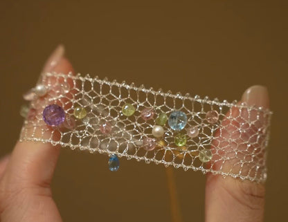 Fairy Garden Gem Bracelet – Handwoven Lace with Tourmaline, Topaz & Natural Crystals