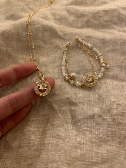 Alloy shell gold plated copper zircon necklace sweet style handmade complex process【玉盘】 - Belle Jewelry 