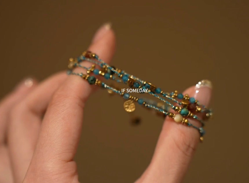 French-style titanium steel hammered multi-layer stacked bracelet Bule and Green