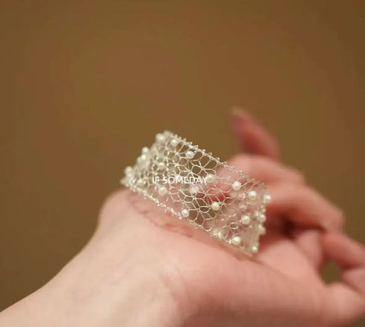 Delicate pearl-embellished mesh bracelet, minimalist jewelry design