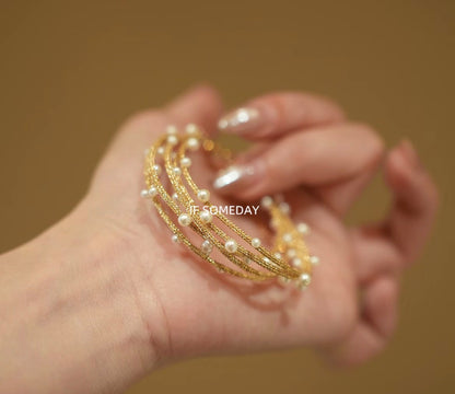Handmade multi-layered pearl gold bracelet ｜Belle Jewelry