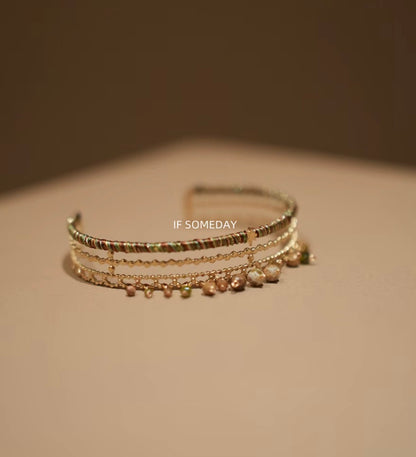 Original brass bracelet with green tassel in ethnic minority style｜Belle Jewelry