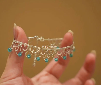 Delicate silver anklet with turquoise beads, handcrafted minimalist jewelry