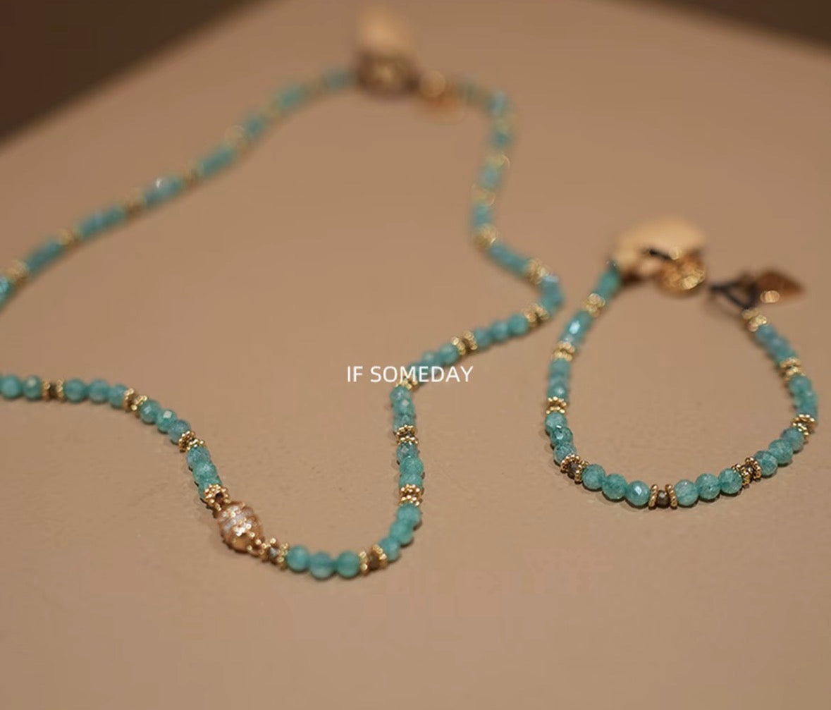 French-style handmade natural stone blue bracelets and necklaces.