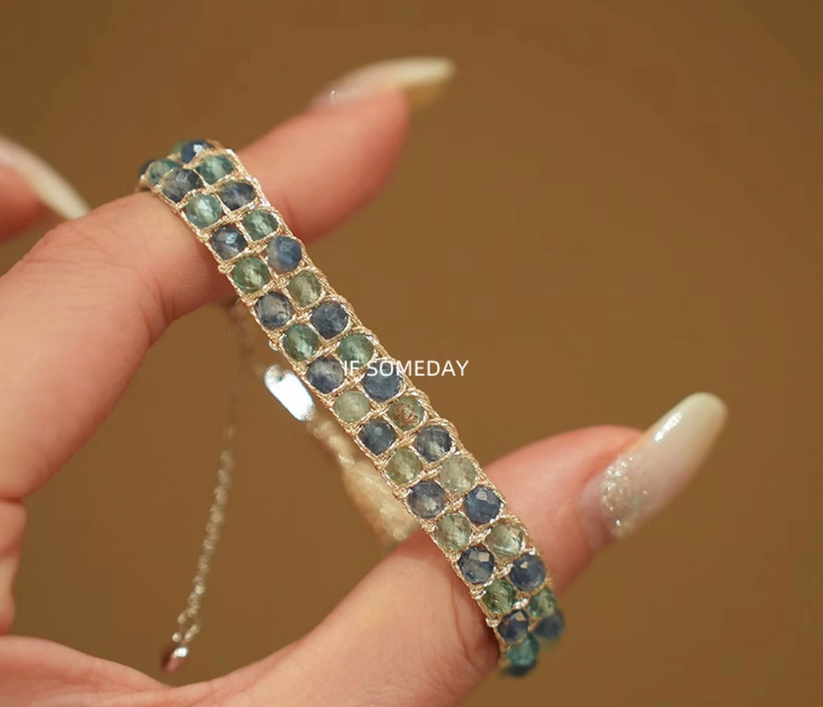 Natural kyanite and apatite hand-woven bracelet