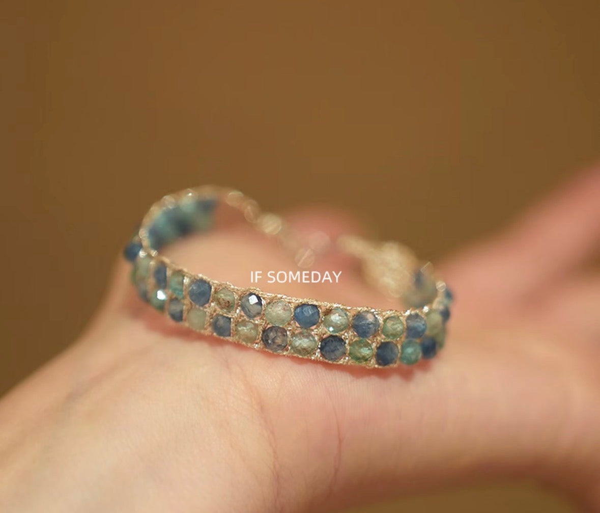 Natural kyanite and apatite hand-woven bracelet