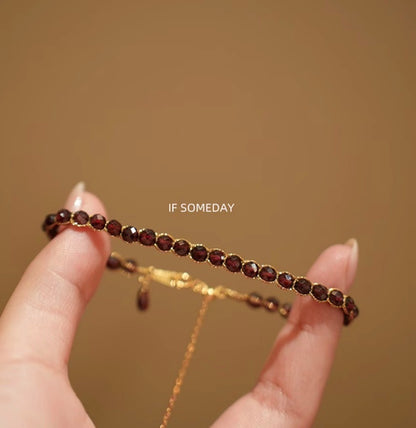 Natural garnet handmade bracelet with sterling silver chain
