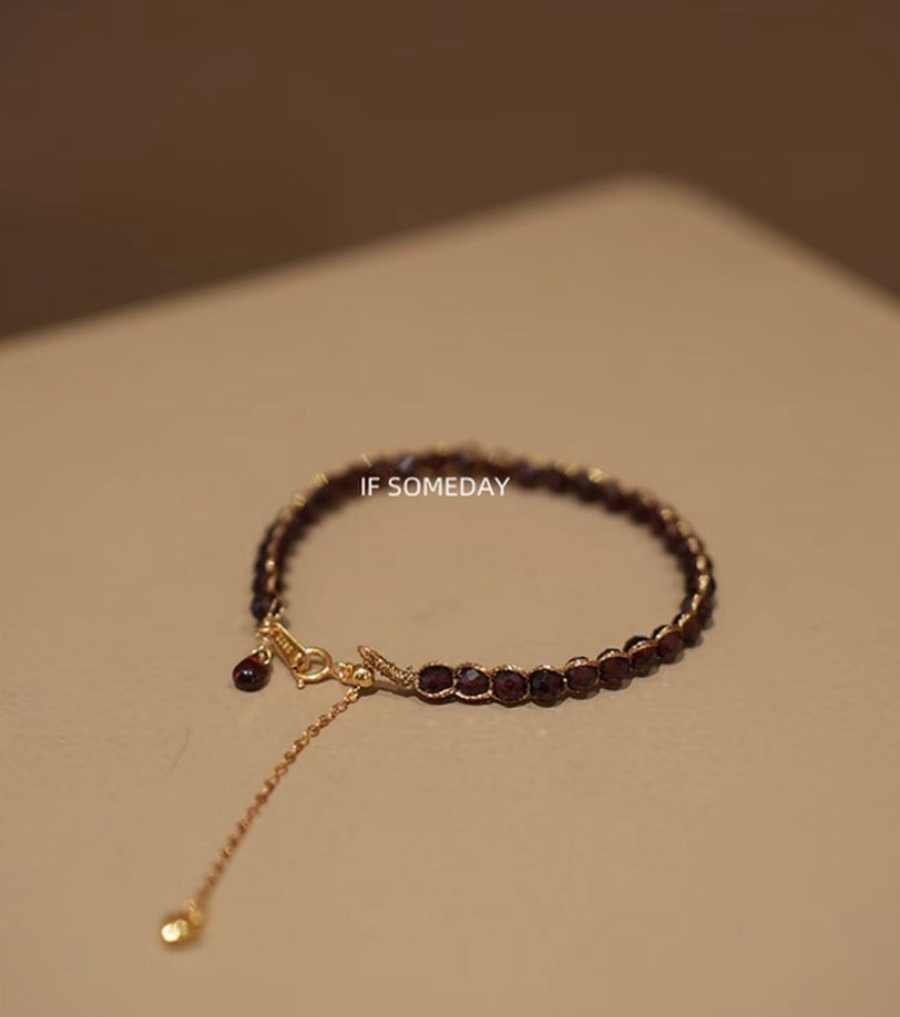 Natural garnet handmade bracelet with sterling silver chain