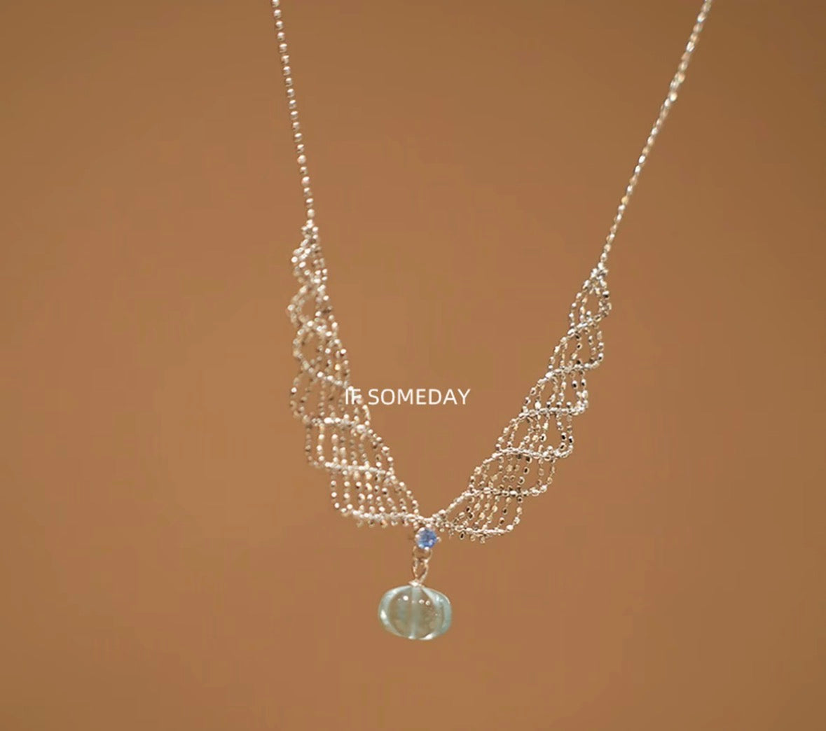 Sterling silver lace design necklace with natural topaz pumpkin pendant, handmade