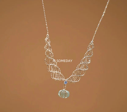 Sterling silver lace design necklace with natural topaz pumpkin pendant, handmade