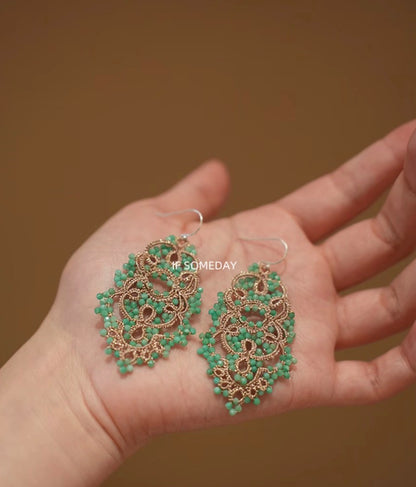 Vintage green hand-woven fabric earrings