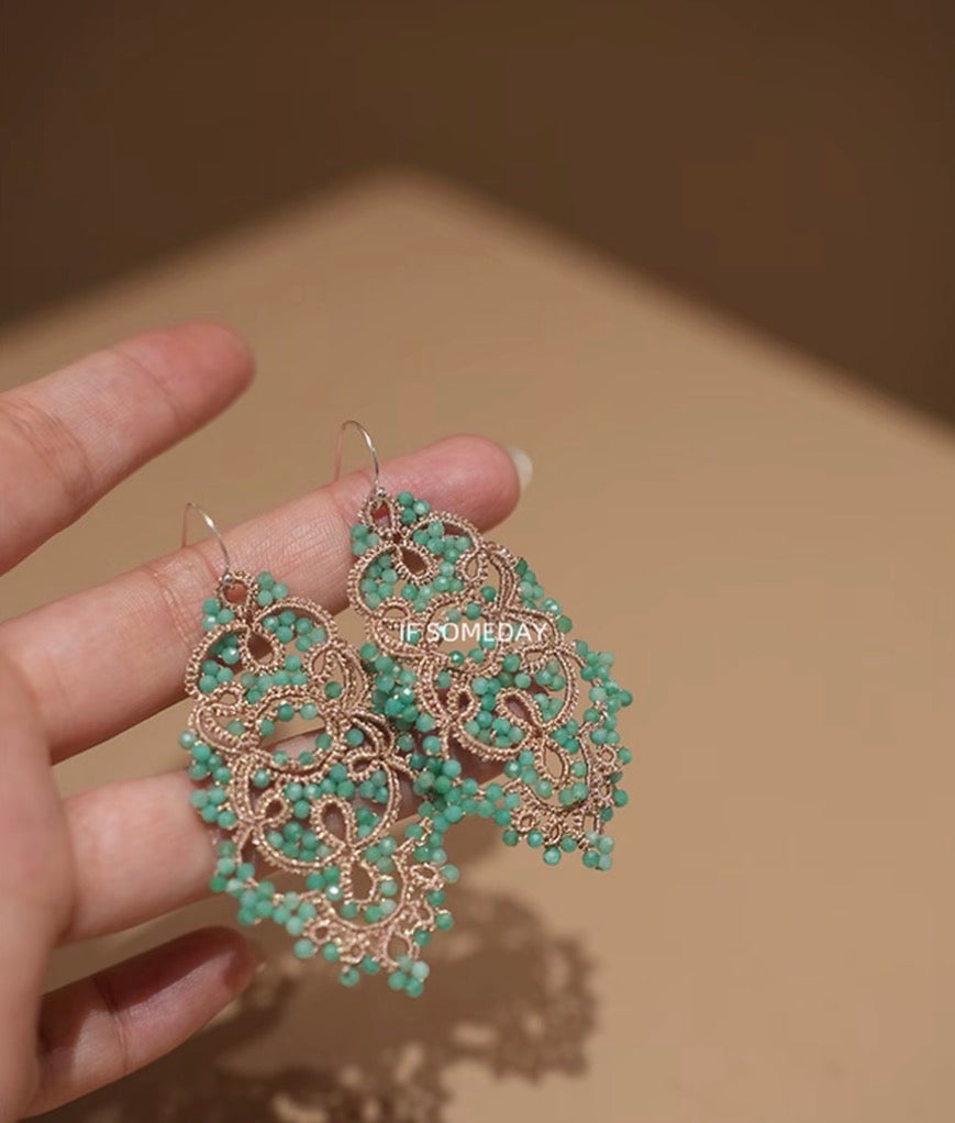 Vintage green hand-woven fabric earrings