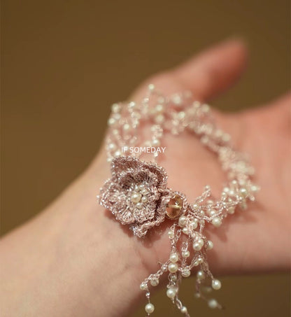 Leisure and vacation style freshwater pearl crochet camellia bracelet 13-16.5cm wrist
