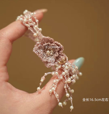 Leisure and vacation style freshwater pearl crochet camellia bracelet 13-16.5cm wrist