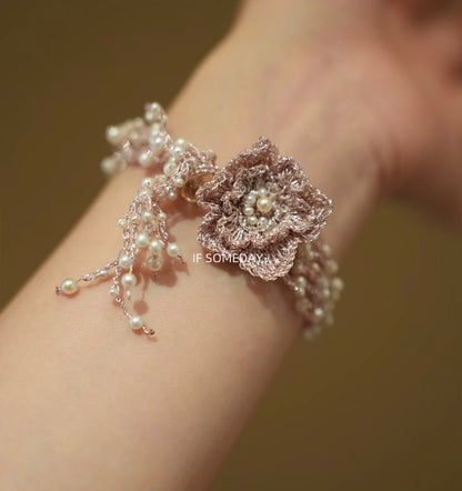 Leisure and vacation style freshwater pearl crochet camellia bracelet 13-16.5cm wrist