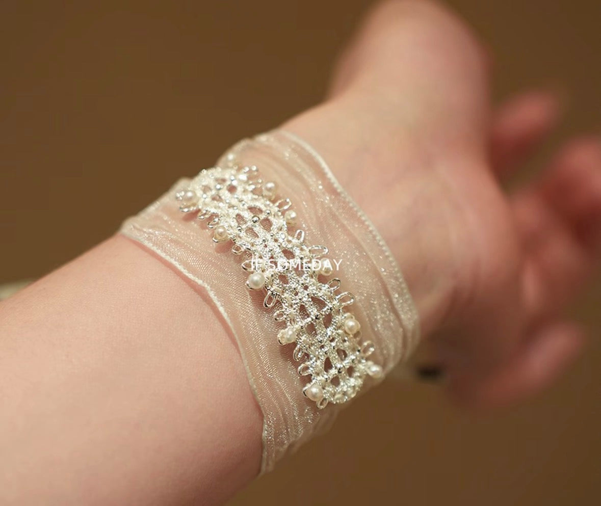 【White Moonlight】Handmade Natural Freshwater Pearl Mesh Bracelet, Wide and Narrow Versions