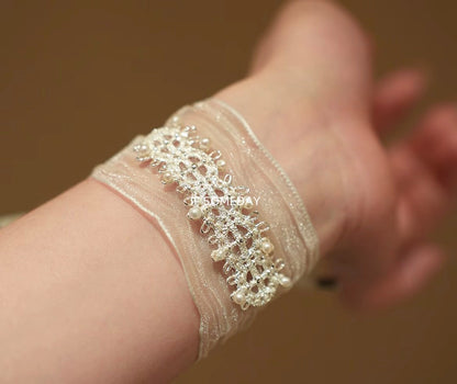 【White Moonlight】Handmade Natural Freshwater Pearl Mesh Bracelet, Wide and Narrow Versions