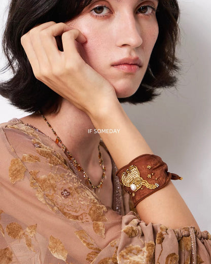 IF Someday-Brown, elegant elephant hand-embroidered niche fabric vintage bracelet